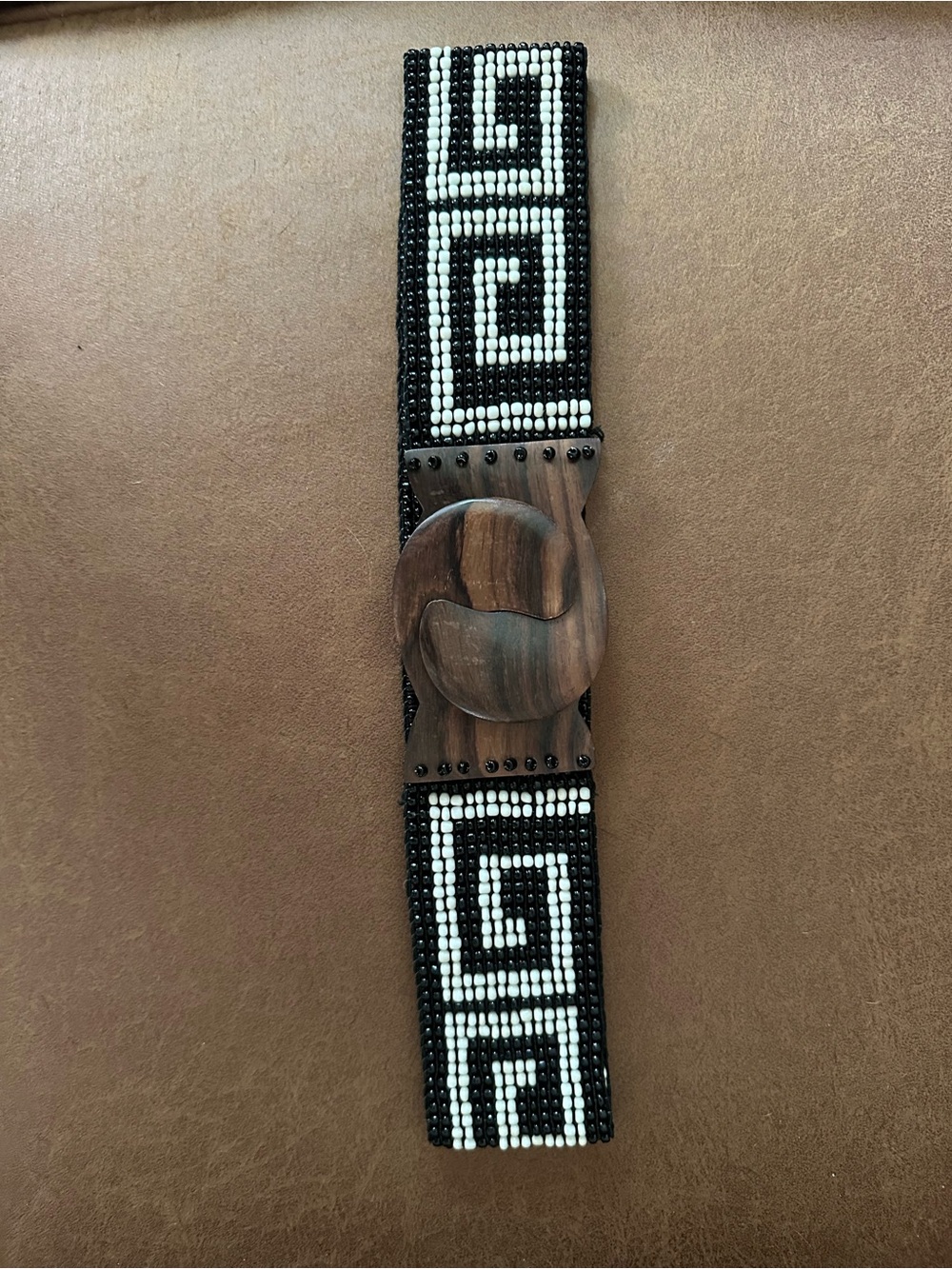 Source Unknown Black and White Beaded Wooden Buckle Belt